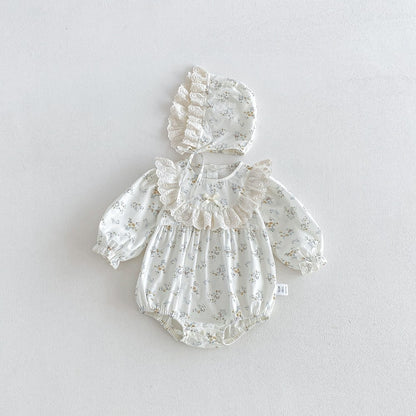 Baby Girls Long Sleeves Flowers Pattern Bodysuit with Hat