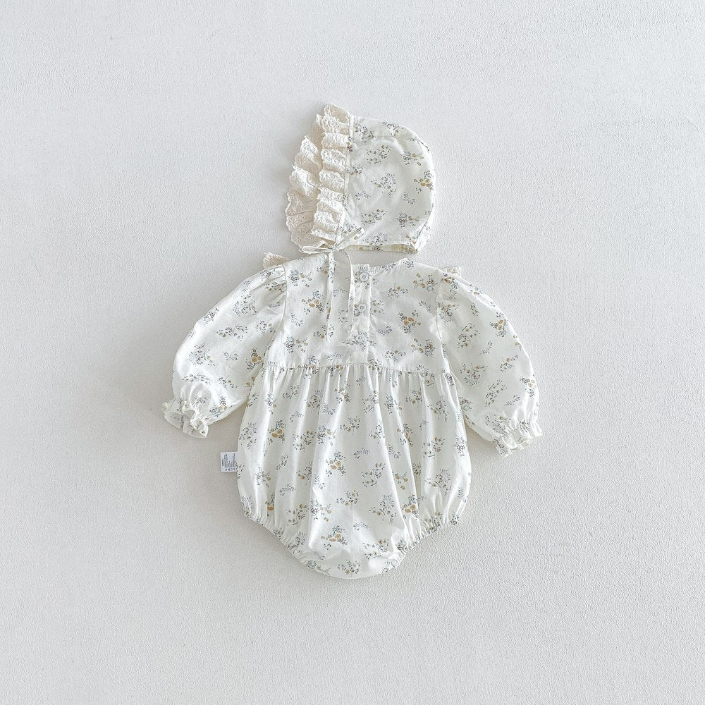 Baby Girls Long Sleeves Flowers Pattern Bodysuit with Hat