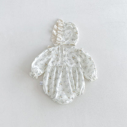 Baby Girls Long Sleeves Flowers Pattern Bodysuit with Hat