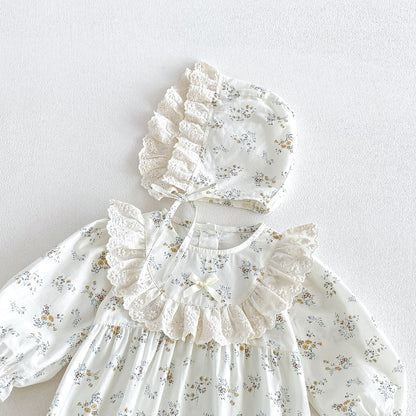 Baby Girls Long Sleeves Flowers Pattern Bodysuit with Hat