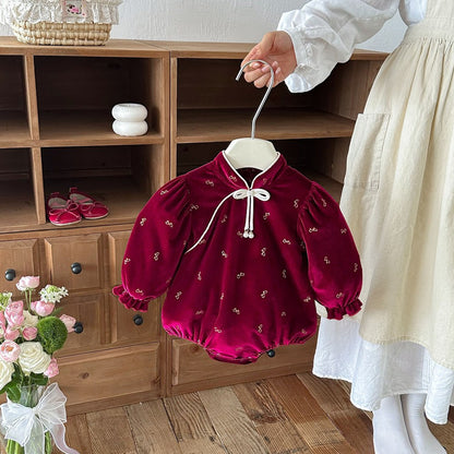 Baby Girls Long Sleeves Butterfly-bows Pattern Stand Collar Bodysuit