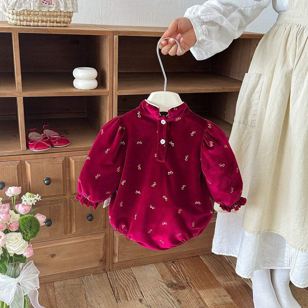 Baby Girls Long Sleeves Butterfly-bows Pattern Stand Collar Bodysuit
