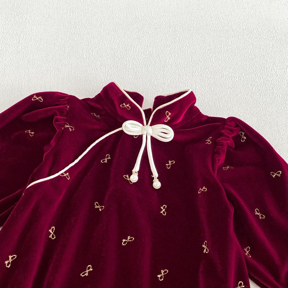 Baby Girls Long Sleeves Butterfly-bows Pattern Stand Collar Bodysuit