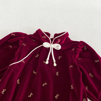 Baby Girls Long Sleeves Butterfly-bows Pattern Stand Collar Bodysuit