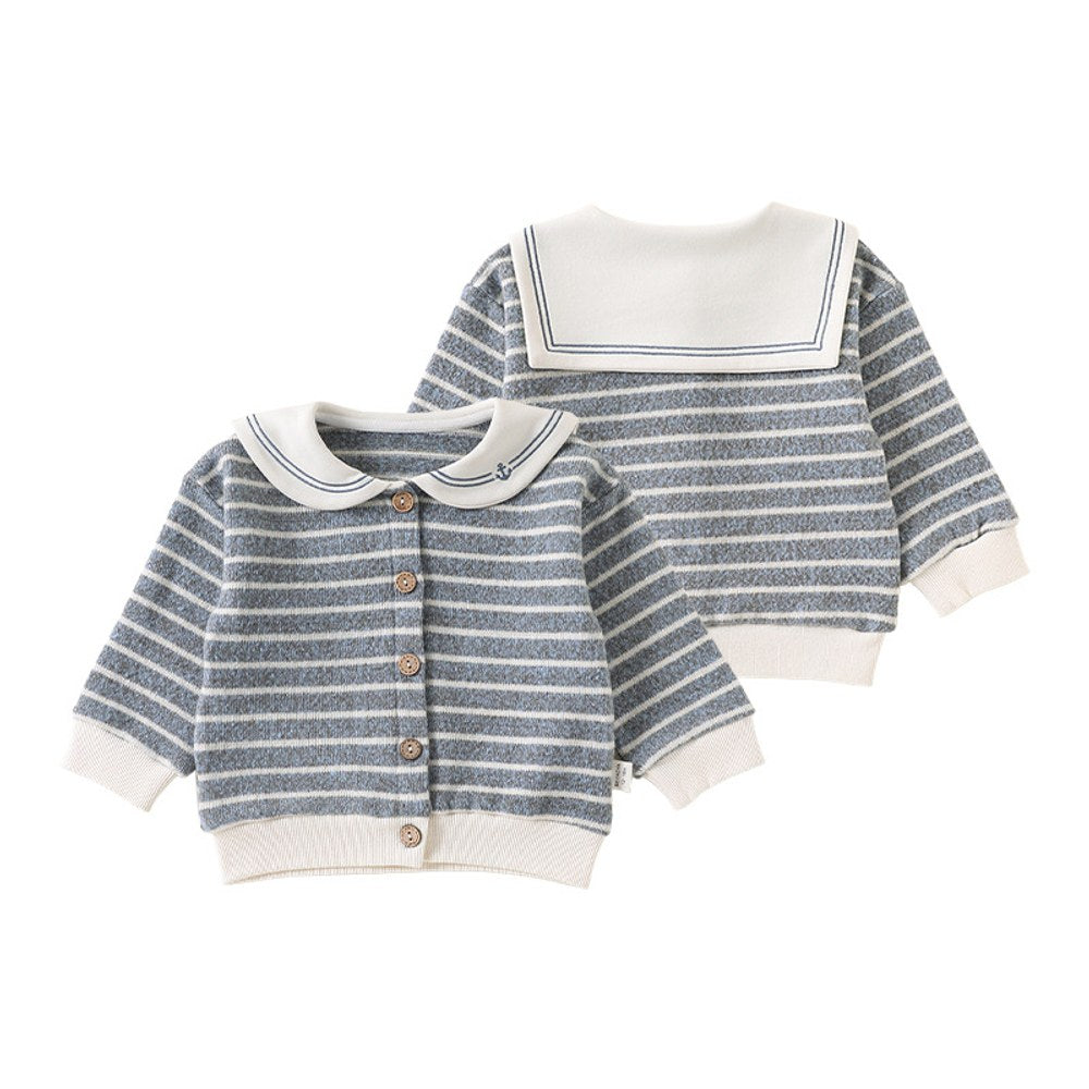 Baby Kids Long Sleeves Striped Pattern Navy Collar Coat