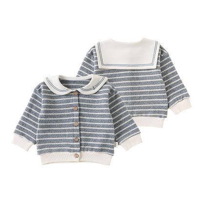 Baby Kids Long Sleeves Striped Pattern Navy Collar Coat
