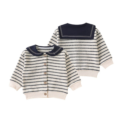 Baby Kids Long Sleeves Striped Pattern Navy Collar Coat