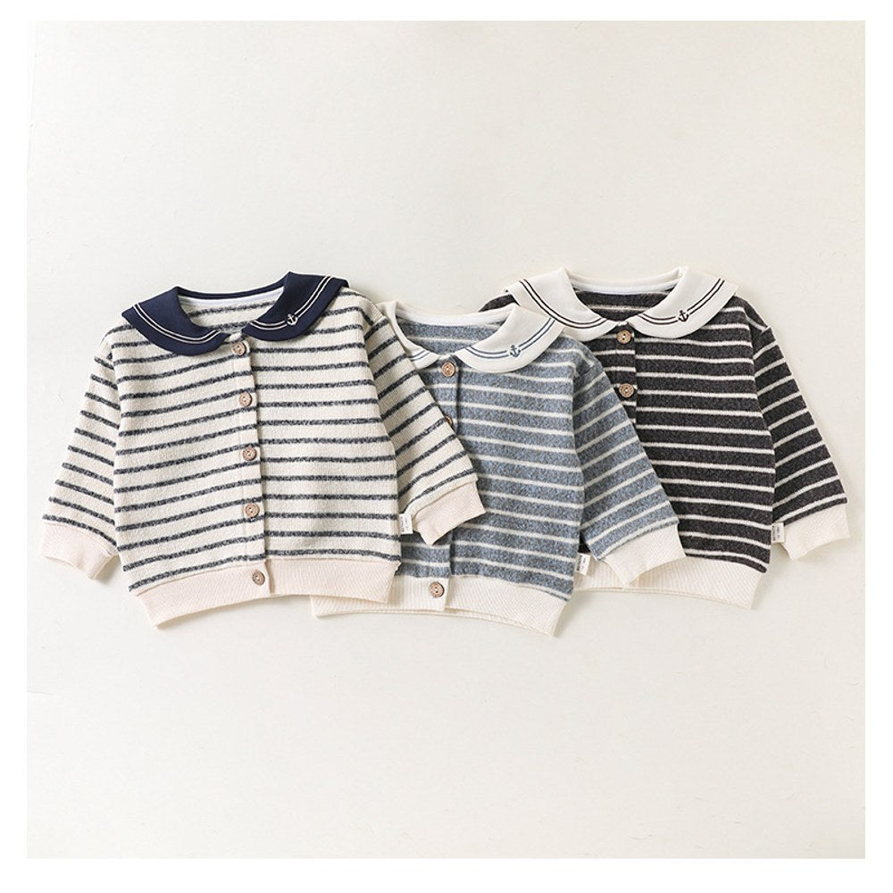 Baby Kids Long Sleeves Striped Pattern Navy Collar Coat