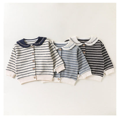 Baby Kids Long Sleeves Striped Pattern Navy Collar Coat