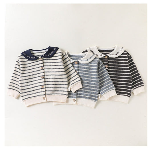 Baby Kids Long Sleeves Striped Pattern Navy Collar Coat