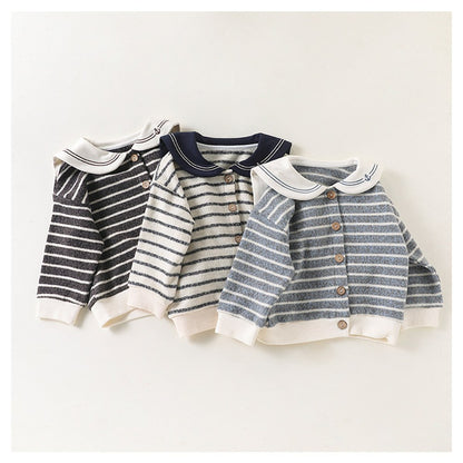 Baby Kids Long Sleeves Striped Pattern Navy Collar Coat
