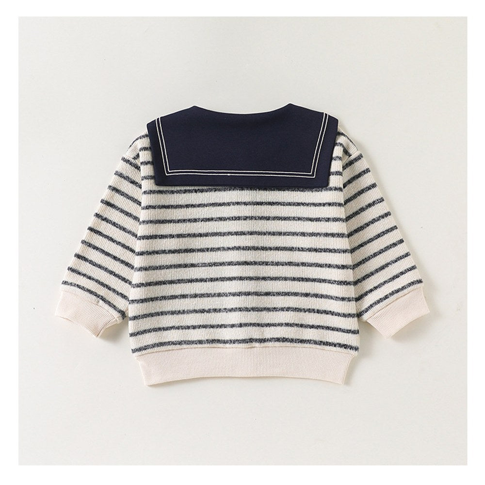 Baby Kids Long Sleeves Striped Pattern Navy Collar Coat