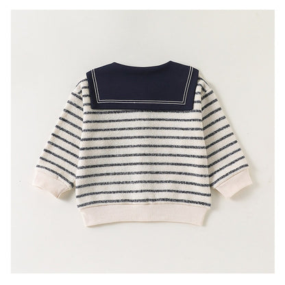 Baby Kids Long Sleeves Striped Pattern Navy Collar Coat