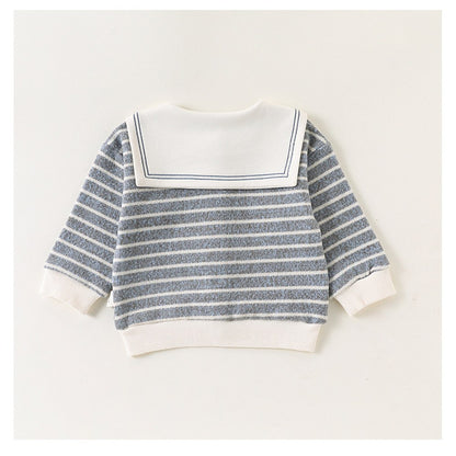 Baby Kids Long Sleeves Striped Pattern Navy Collar Coat