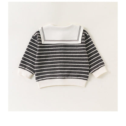 Baby Kids Long Sleeves Striped Pattern Navy Collar Coat