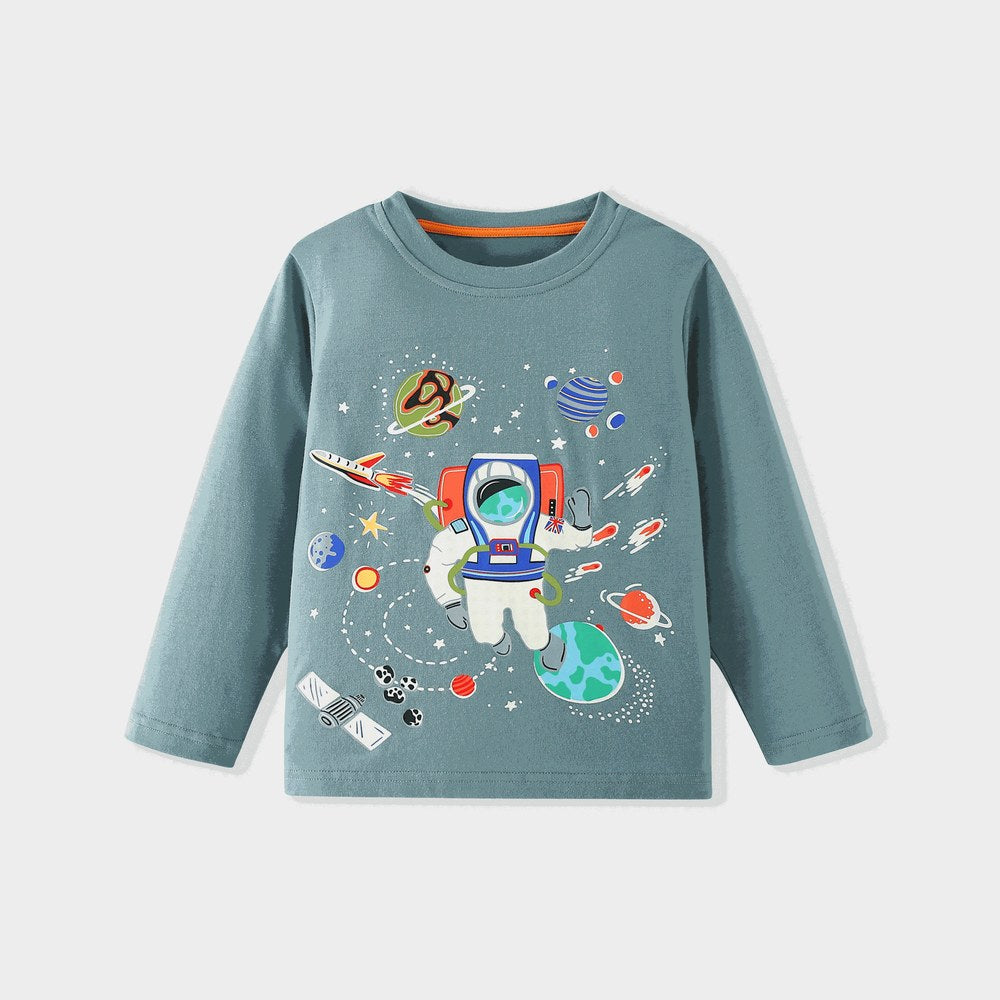 Kids Boys Fluorescent Cartoon Print Crew Neck Long Sleeves Top