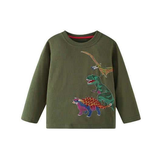 Kids Boys Dinosaur Cartoon Print Crew Neck Long Sleeves Top