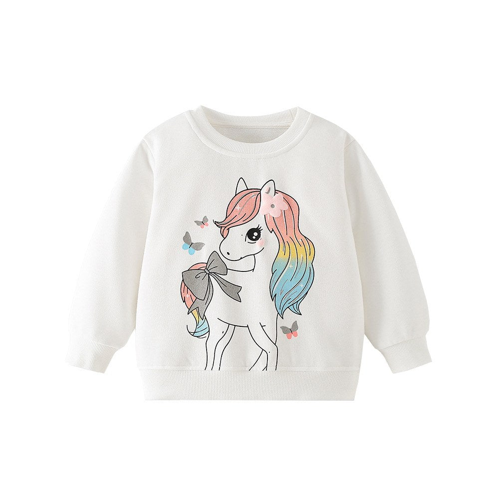 Kids Girls Horse Cartoon Print Crew Neck Long Sleeves Sweatshirt