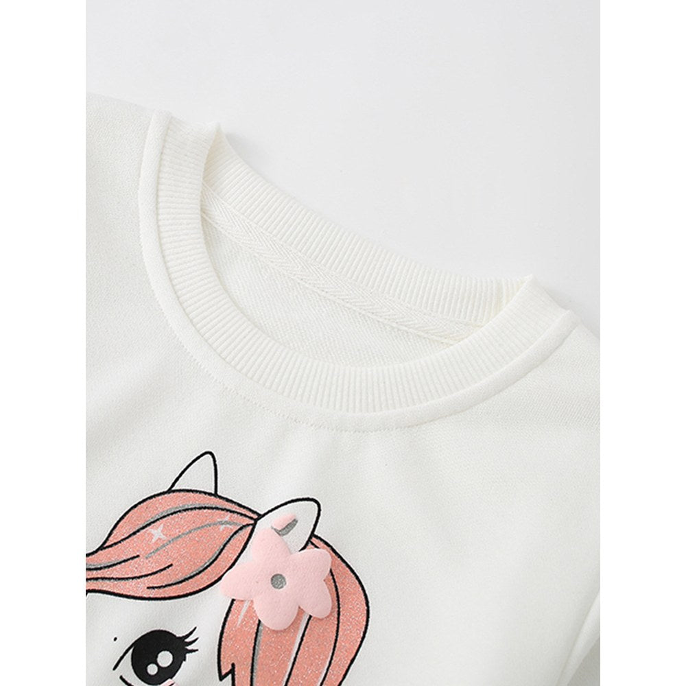 Kids Girls Horse Cartoon Print Crew Neck Long Sleeves Sweatshirt