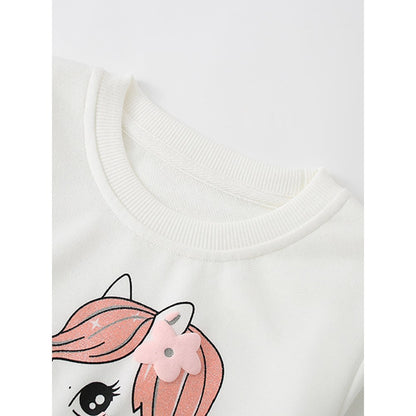Kids Girls Horse Cartoon Print Crew Neck Long Sleeves Sweatshirt