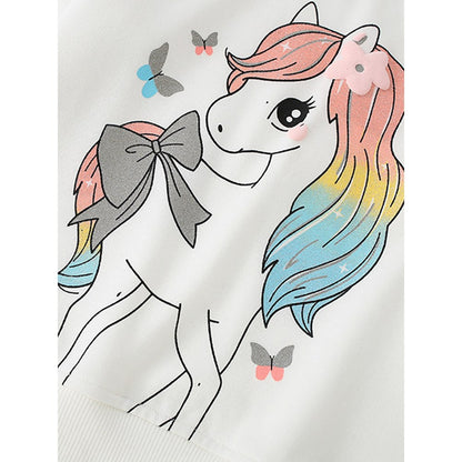 Kids Girls Horse Cartoon Print Crew Neck Long Sleeves Sweatshirt