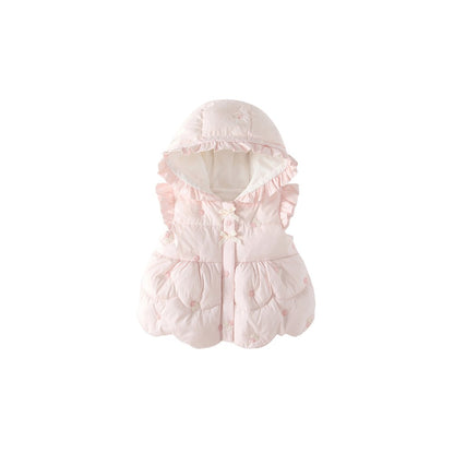 Girls' Butterfly-bows Decorated Flowers Embroidered Cotton-Padded Sleeveless Coat