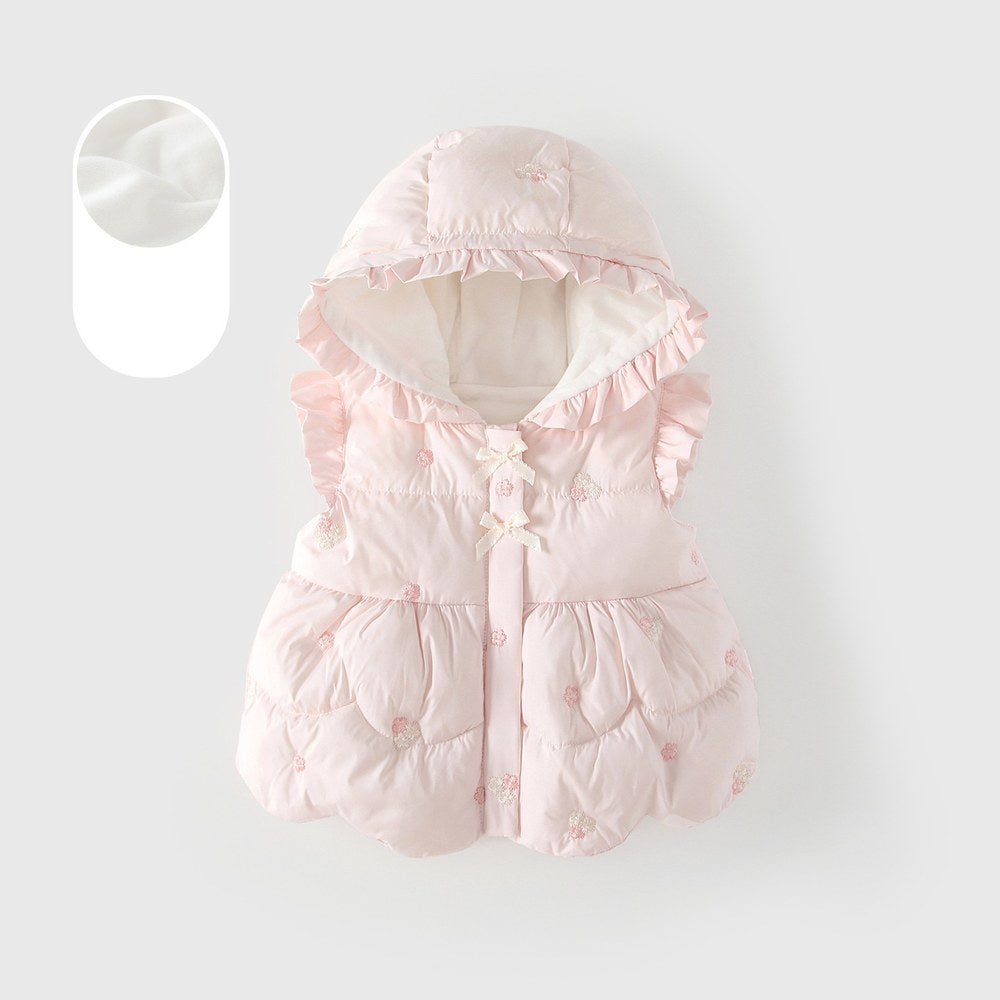 Girls' Butterfly-bows Decorated Flowers Embroidered Cotton-Padded Sleeveless Coat