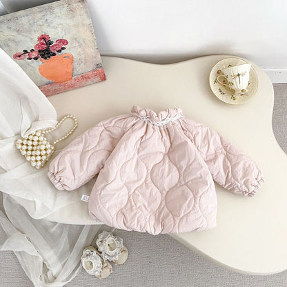 Girls' Cotton-Padded Lace Trim Pink Coat