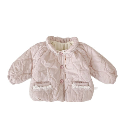 Girls' Cotton-Padded Lace Trim Pink Coat