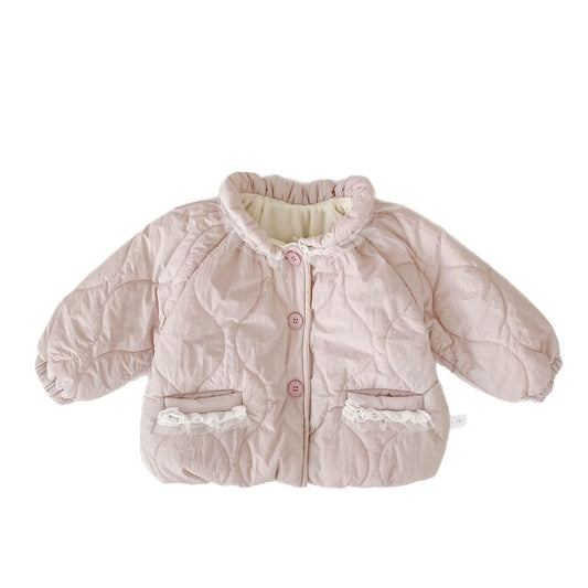 Girls' Cotton-Padded Lace Trim Pink Coat
