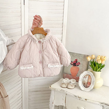 Girls' Cotton-Padded Lace Trim Pink Coat
