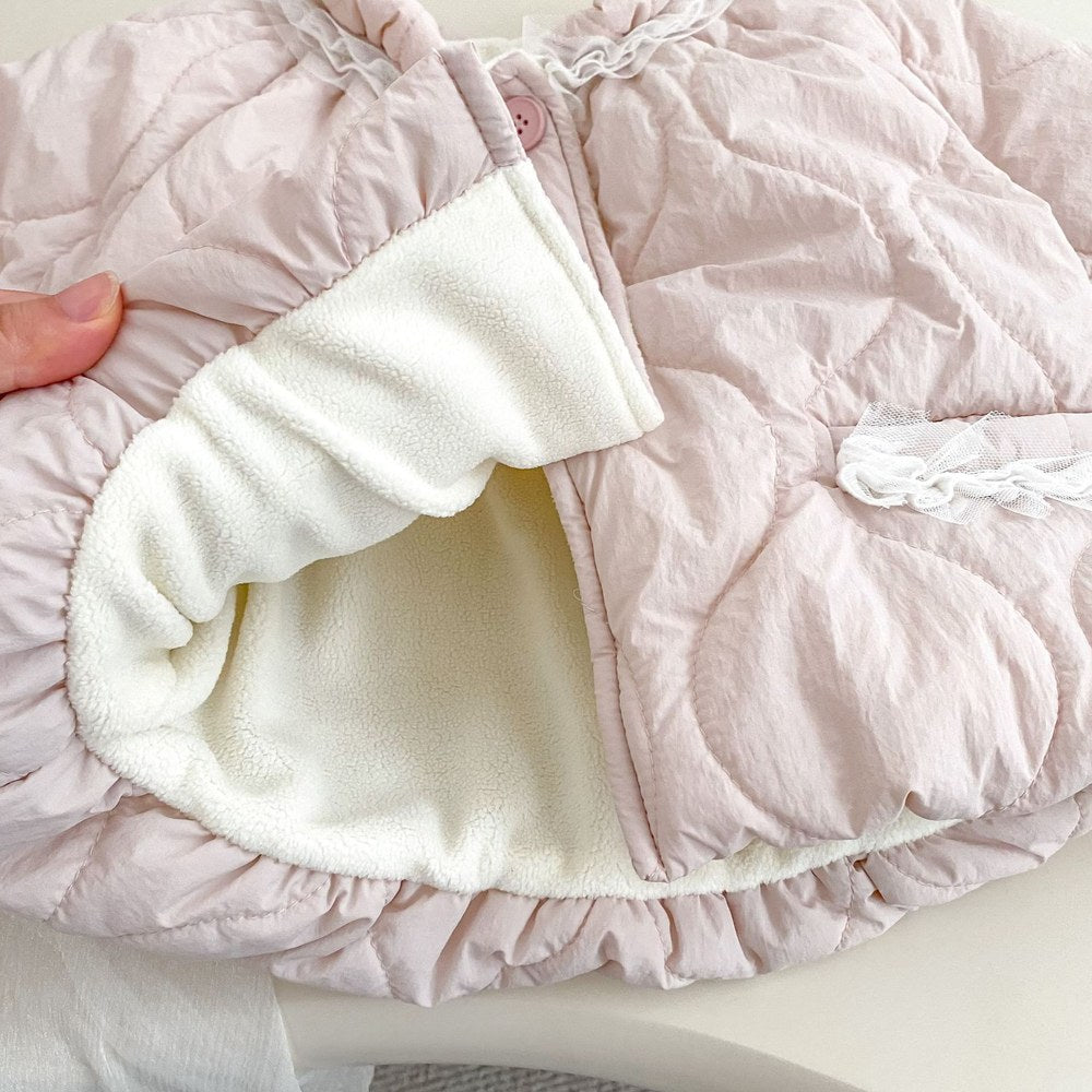 Girls' Cotton-Padded Lace Trim Pink Coat