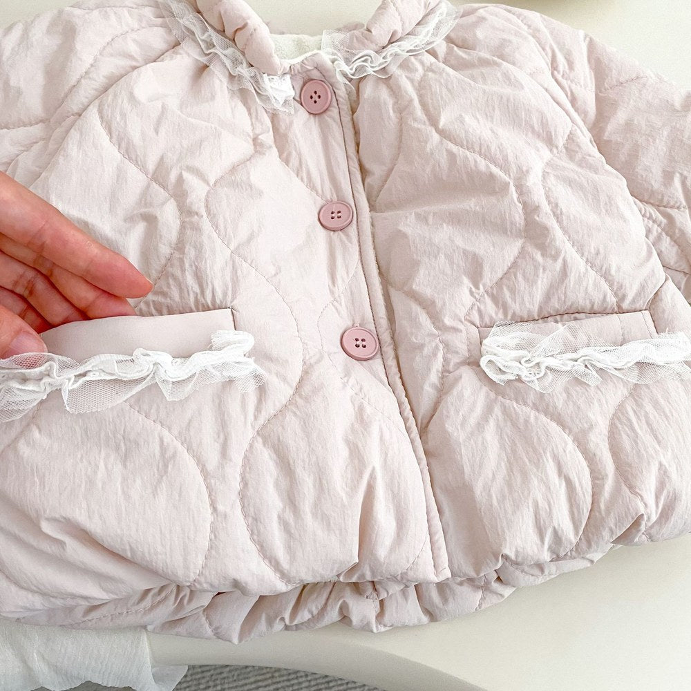 Girls' Cotton-Padded Lace Trim Pink Coat
