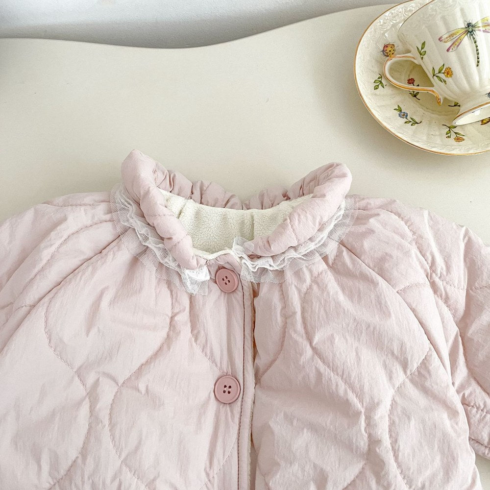 Girls' Cotton-Padded Lace Trim Pink Coat