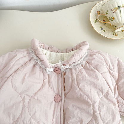 Girls' Cotton-Padded Lace Trim Pink Coat