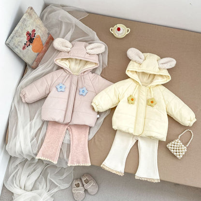 Baby Kids Girls Flowers Pattern Long Sleeves Coat and Flared Pants 2-piece Clothing Set