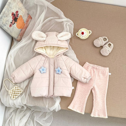 Baby Kids Girls Flowers Pattern Long Sleeves Coat and Flared Pants 2-piece Clothing Set