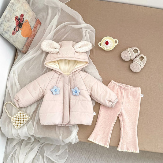 Baby Kids Girls Flowers Pattern Long Sleeves Coat and Flared Pants 2-piece Clothing Set