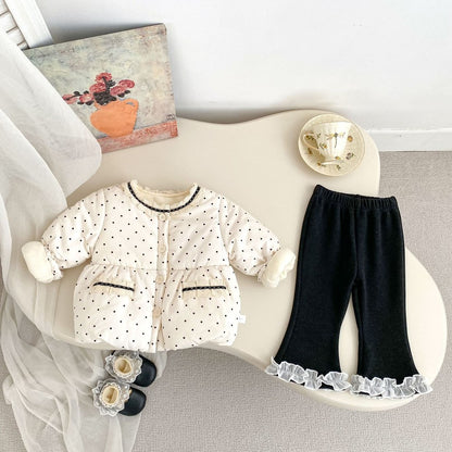 Baby Kids Girls Dots Pattern Long Sleeves Coat and Lace Trim Pants 2-piece Clothing Set