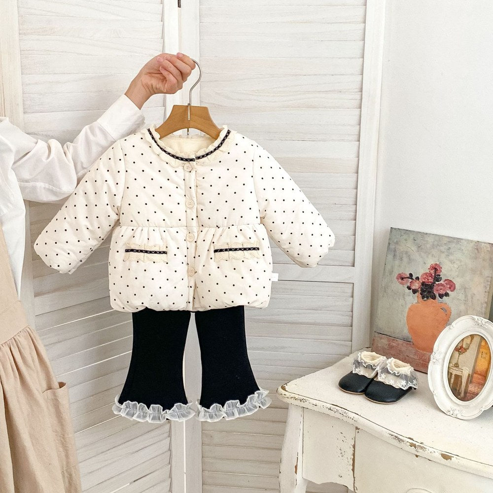 Baby Kids Girls Dots Pattern Long Sleeves Coat and Lace Trim Pants 2-piece Clothing Set
