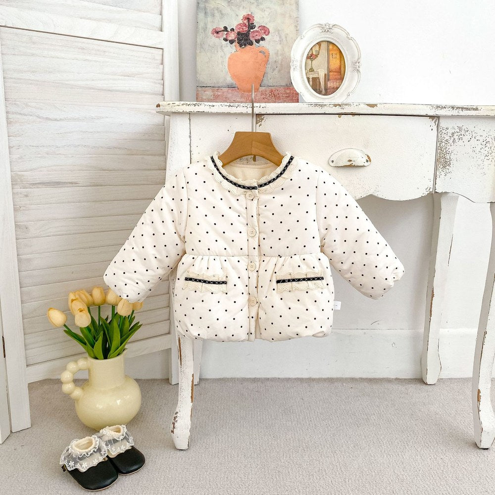 Baby Kids Girls Dots Pattern Long Sleeves Coat and Lace Trim Pants 2-piece Clothing Set