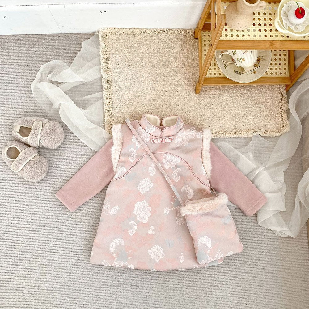 Baby Kids Girls Flowers Pattern Sleeveless Dress and Solid Color Top 2-piece Clothing Set