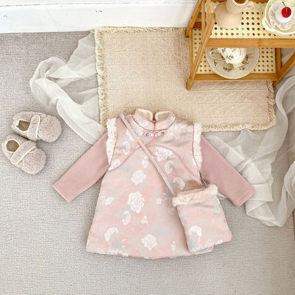 Baby Kids Girls Flowers Pattern Sleeveless Dress and Solid Color Top 2-piece Clothing Set