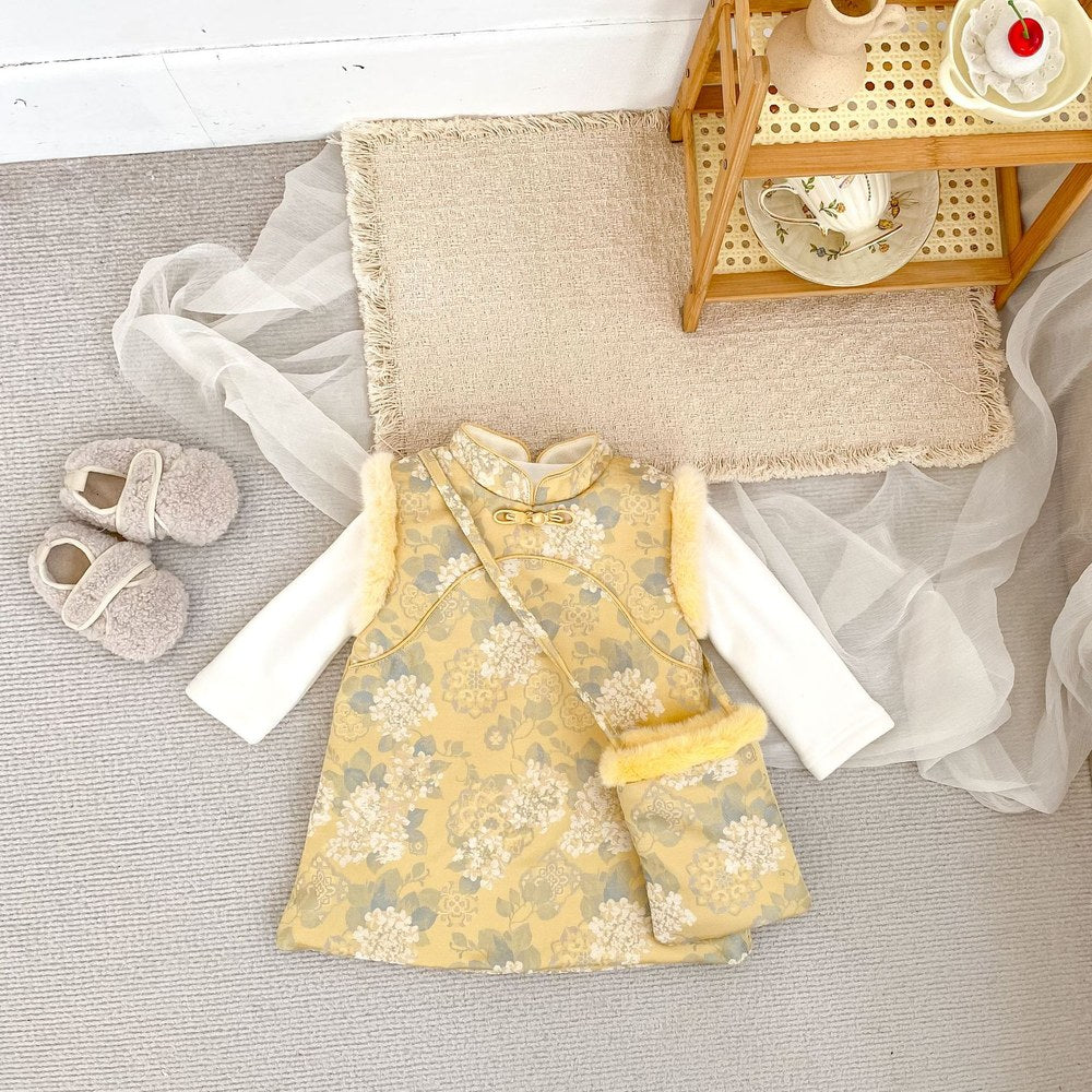 Baby Kids Girls Flowers Pattern Sleeveless Dress and Solid Color Top 2-piece Clothing Set