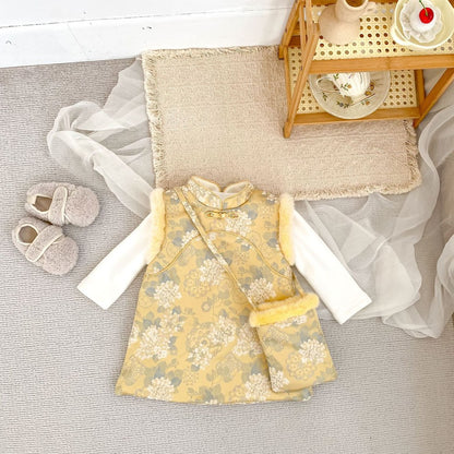 Baby Kids Girls Flowers Pattern Sleeveless Dress and Solid Color Top 2-piece Clothing Set
