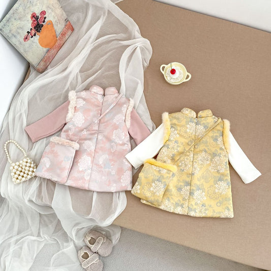 Baby Kids Girls Flowers Pattern Sleeveless Dress and Solid Color Top 2-piece Clothing Set