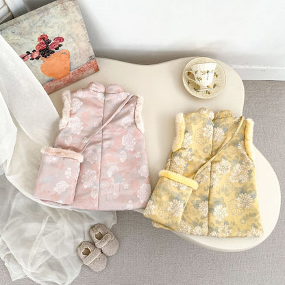 Baby Kids Girls Flowers Pattern Sleeveless Dress and Solid Color Top 2-piece Clothing Set
