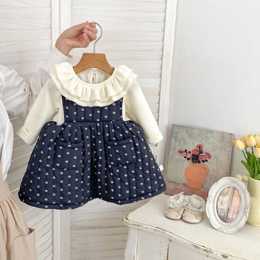 Baby Kids Girls Flowers Pattern Sleeveless Dress and Solid Color Top 2-piece Clothing Set