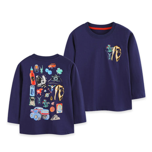 Kids Boys Cartoon Pattern Crew Neck Long Sleeves Top