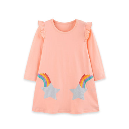 Baby Kids Girls Long Sleeves Rainbow and Star Pattern Dress